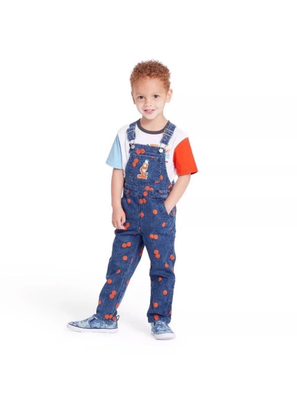 Kids Blue Denim Overalls with Orange Microscope Print